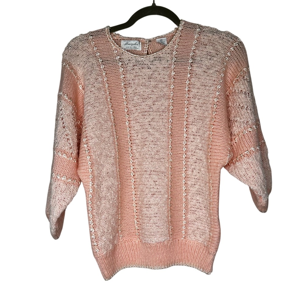 Margules Peach Sequin Knit Sweater Dolman Sleeve V-Neck Women's Size M‎
